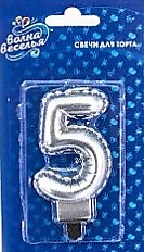 Свеча Цифра "5" Серебро Воздушный шарик