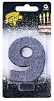 Свеча -цифра "9" Черная глиттер